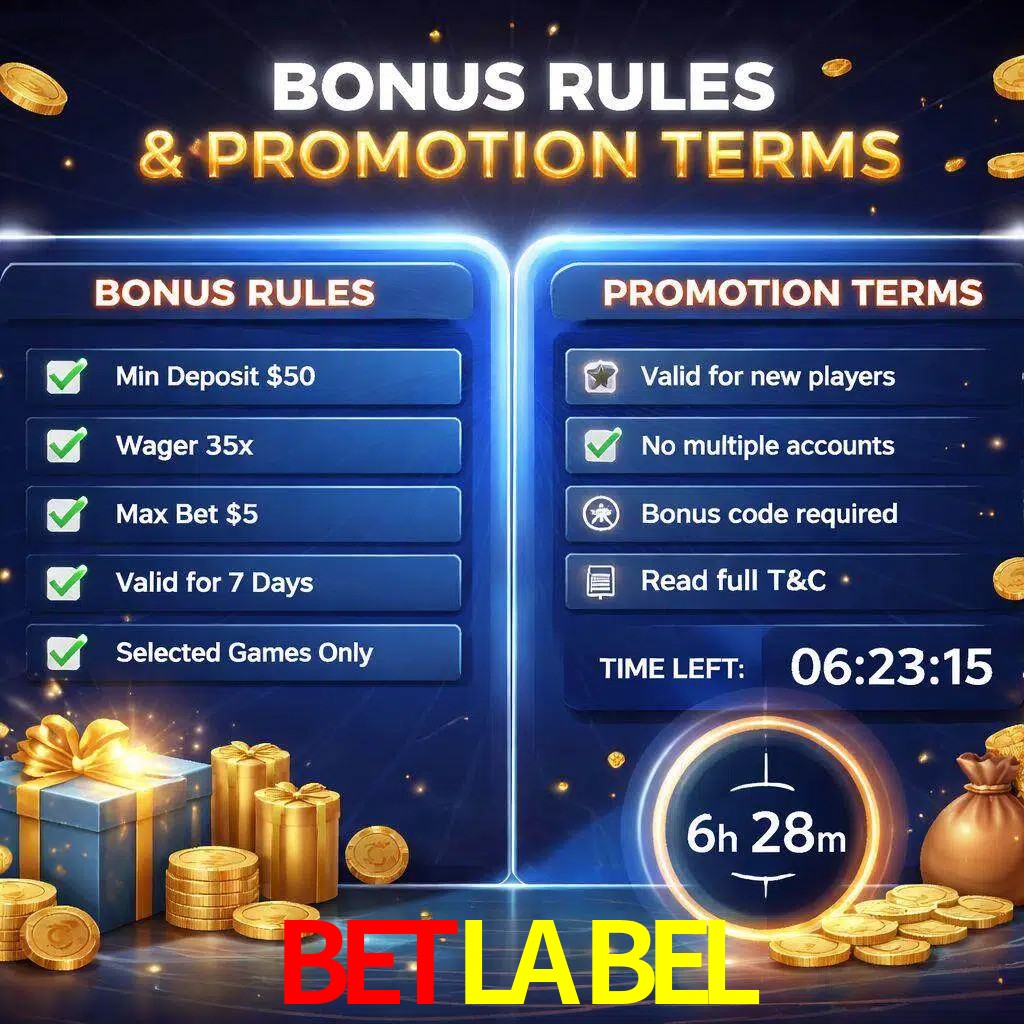 Reglas de promoción BETLABEL y condiciones de bonos explicadas visualmente