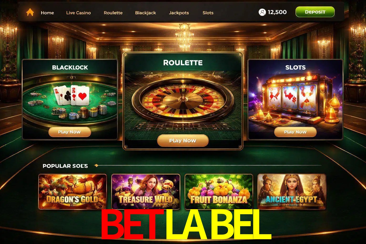 Vista de la plataforma BETLABEL Casino mostrando categorías organizadas de juegos en línea