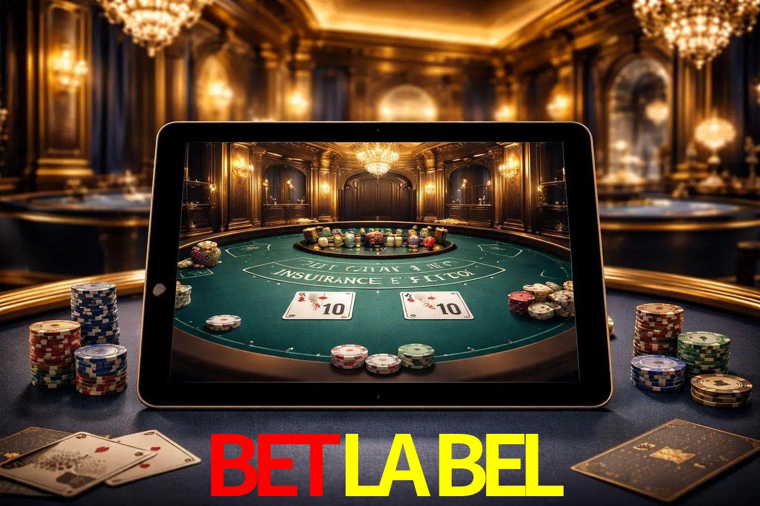 Configuración moderna de casino en vivo con una tableta mostrando una mesa de blackjack, luces cálidas de estudio y una atmósfera elegante de juegos digitales.