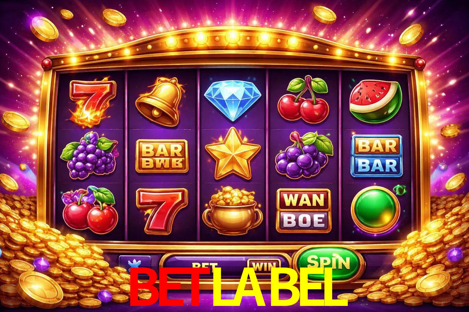 Una interfaz colorida de tragamonedas en línea con símbolos brillantes, monedas y un efecto de victoria celebratoria en BETLABEL.