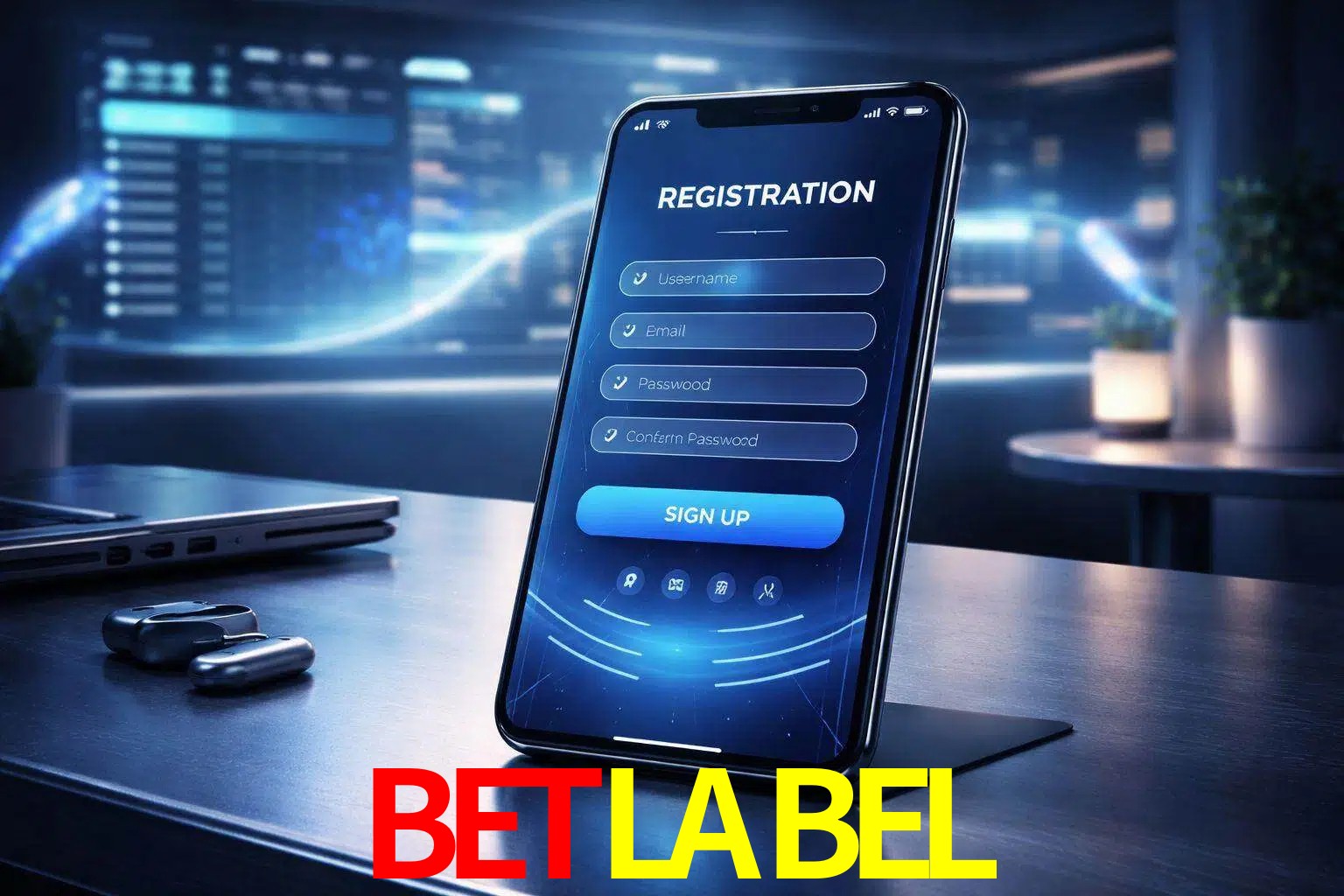 Una interfaz moderna de registro móvil para BETLABEL mostrada en un smartphone con un panel de apuestas elegante.